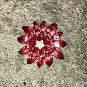 Red rhinestone flower brooch